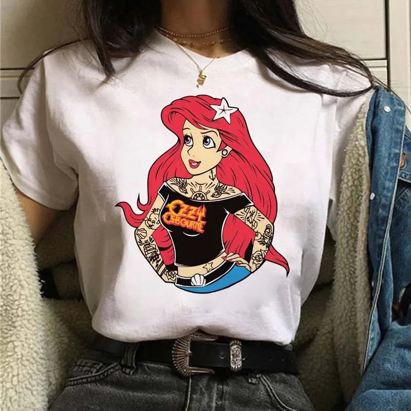 Punk Princess Printed Pattern Tee Mermaid Ariel Kawaii Girls T-Shirt Streetwear Womens Tops Cute Harajuku T-Shirt
