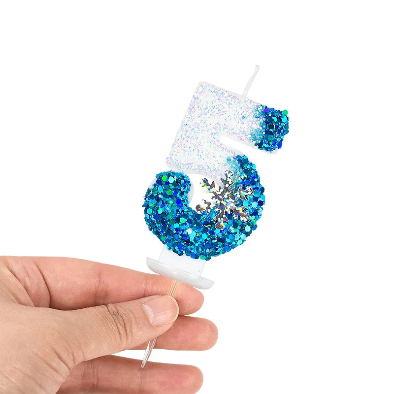 Frozen Birthday Candles 0-9 Number Glitter Blue Snowflake Cake Candle Kids Girls Birthday Party Cake Topper Decoration Supplies
