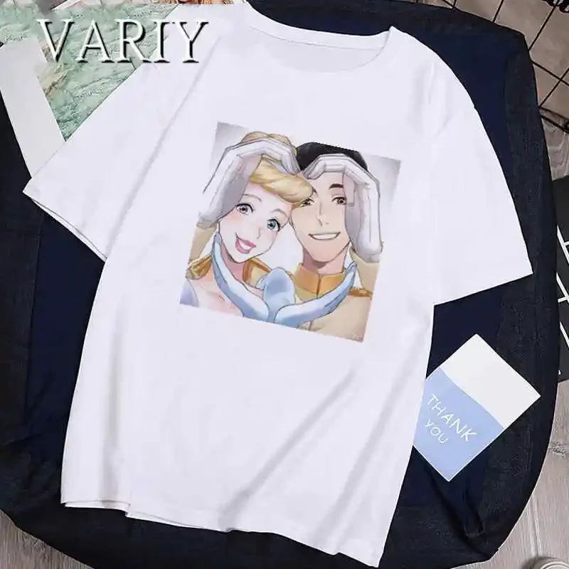 Frog Princess and Prince Lovers Print Tshirts Tiana Ariel Couple Series T-Shirt Women Summer Casual Short Sleeve Clothes Y2K Top