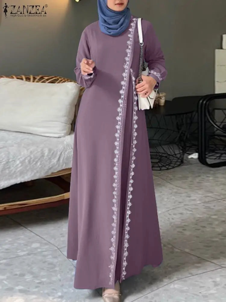 Muslim Fashion Dress Abaya ZANZEA Women Stylish Long Sleeve Lace Crochet Maxi Sundress Vestidos Robe Femme Islamic Clothing 2024