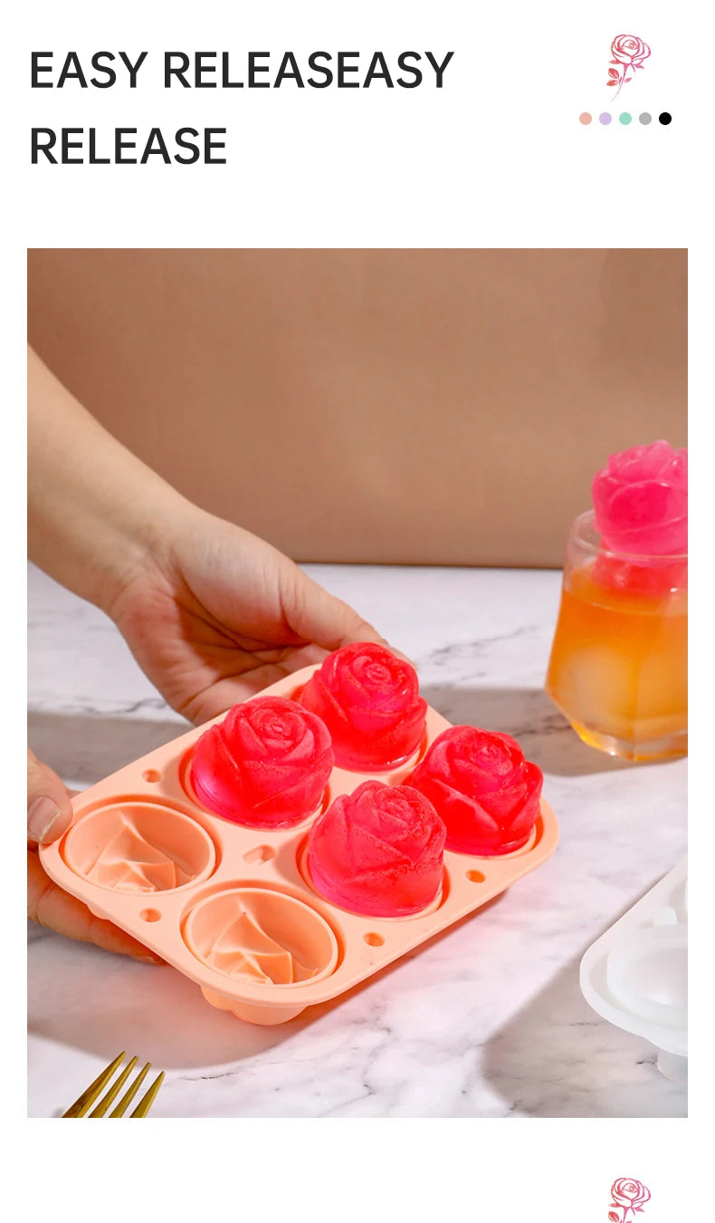 Ice Cube Maker 3D Rose Ice Molds 2.5 Inch, Large Cube Trays, Make 4/6 Giant Cute Flower Shape ,  Ice Pop Mold Silicone