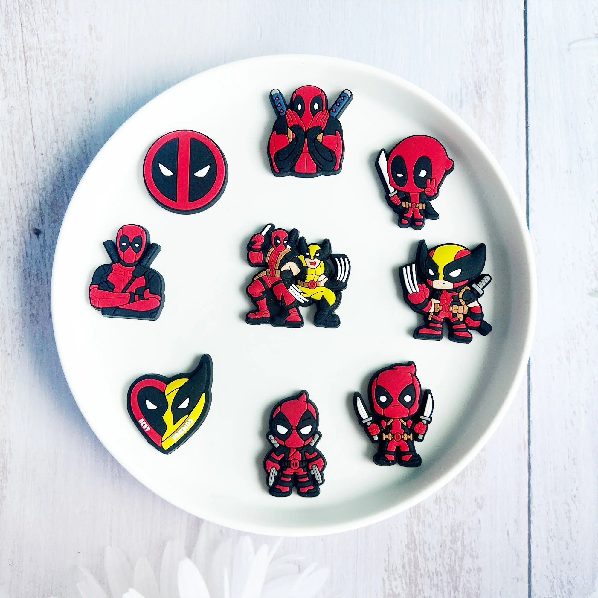 1-9Pcs Deadpool Marvel Heros Cartoon Anime PVC Boys Shoes Charms Decorations Shoe Buckle Clog Diy Wristbands Kids Party Gift