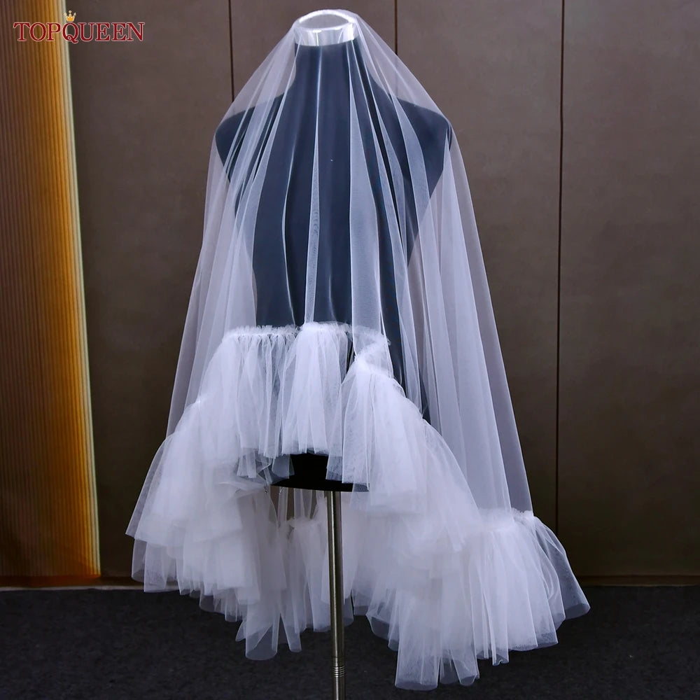 TOPQUEEN Short Romantic Wedding Veil 2 layers Bridal Veils Cover Face Tactical Halloween Integrated Bonnet Veil Fingertip V183