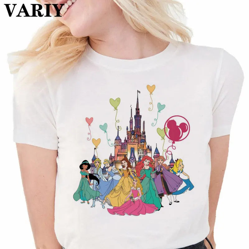 Princess Castle Balloons Shirt Women Funny T Shirt Ariel Belle Rapunzel Mermaid Graphic Ulzzang T-Shirt 90S Aesthetic Tee Female