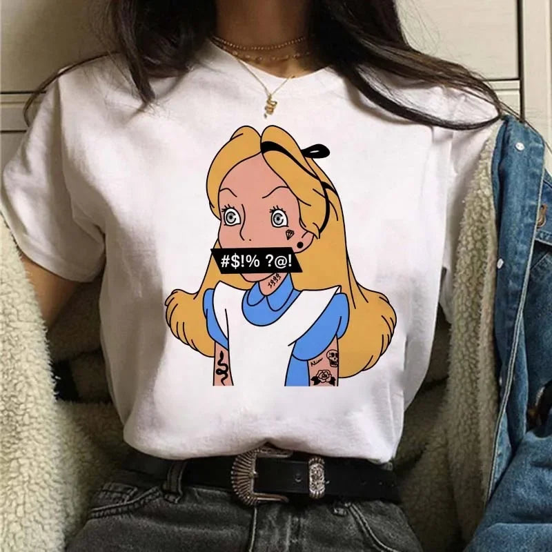 Punk Princess Printed Pattern Tee Mermaid Ariel Kawaii Girls T-Shirt Streetwear Womens Tops Cute Harajuku T-Shirt