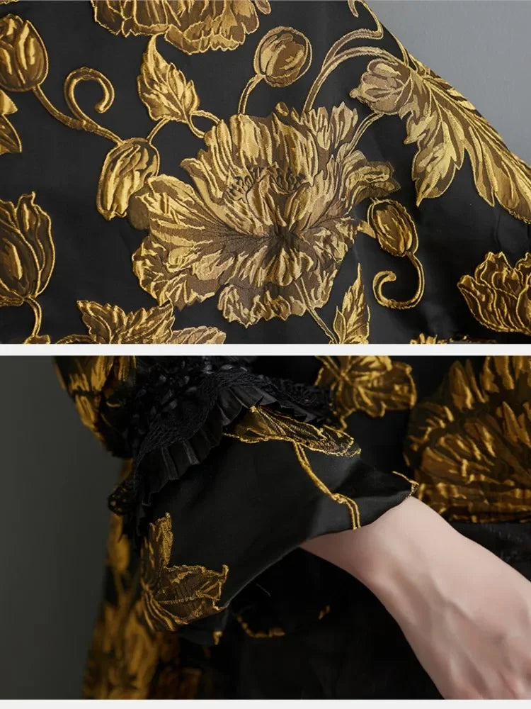 Oversized Autumn Winter Midi Dress Women Patchwork Fashion Chinese Style Flower Ladies Dresses Pleated Loose Woman Dress 2024