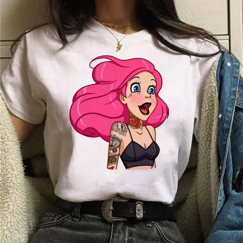 Punk Princess Printed Pattern Tee Mermaid Ariel Kawaii Girls T-Shirt Streetwear Womens Tops Cute Harajuku T-Shirt