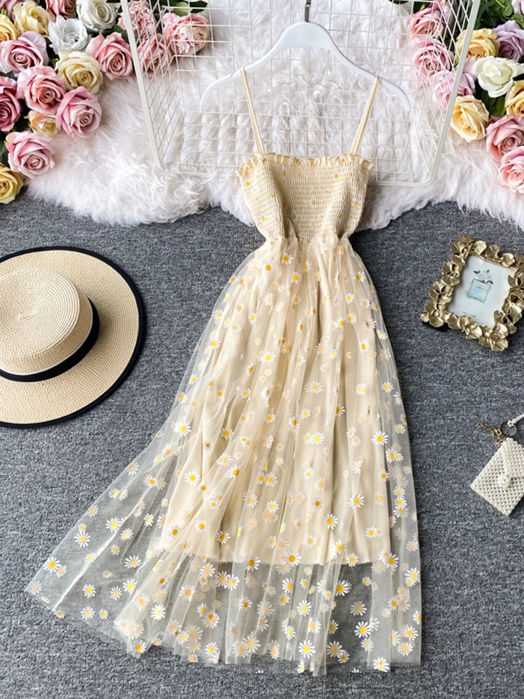 JMPRS Summer Beach Mesh Floral Dress Women Vintage Elegant Sexy Beach Sundress Woman Party Night Korean Kawaii Vestidos