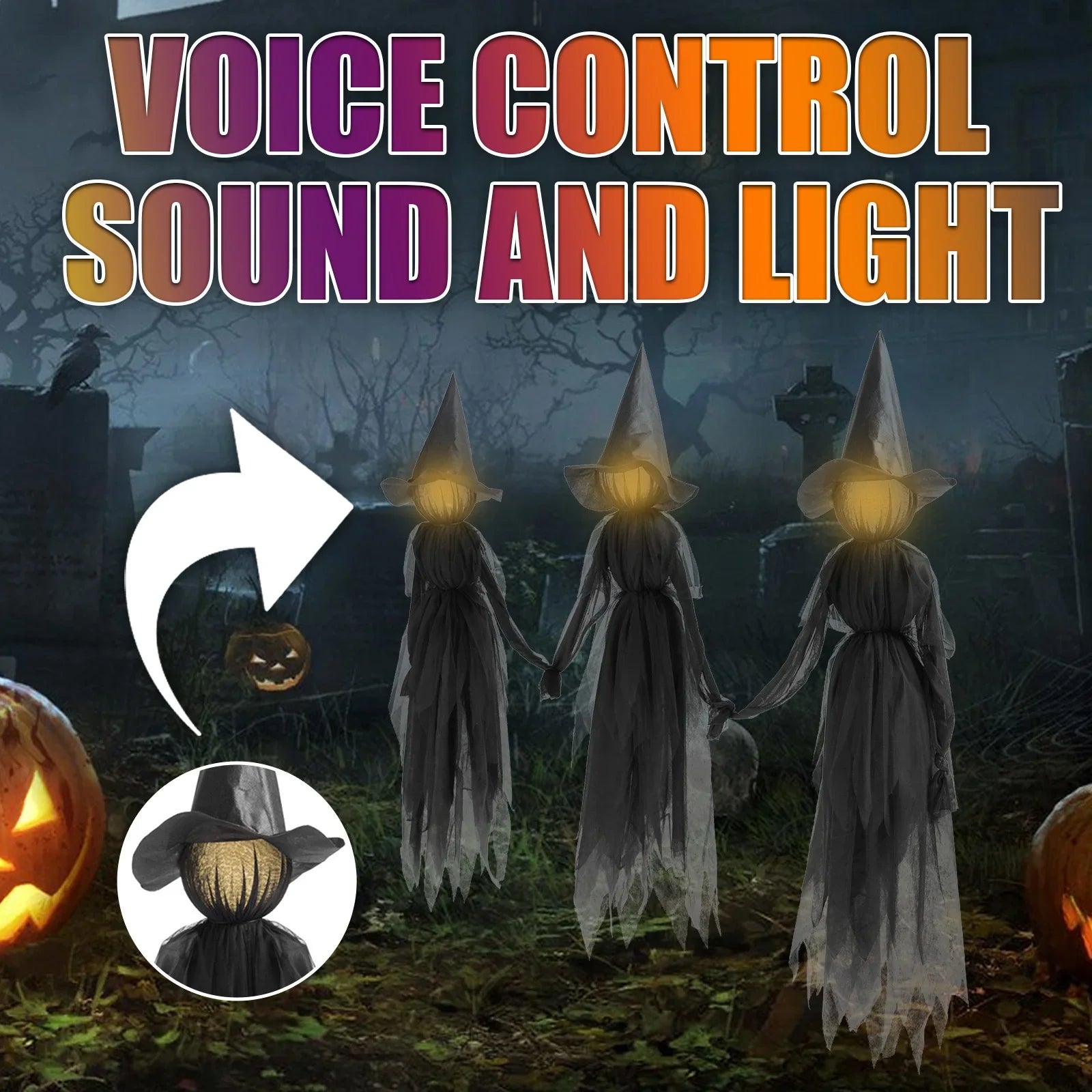 150cm Halloween Light-up Witches Voice Control Screaming Witches Scary Decoration Sound Activated Witches Holding Hands for Home