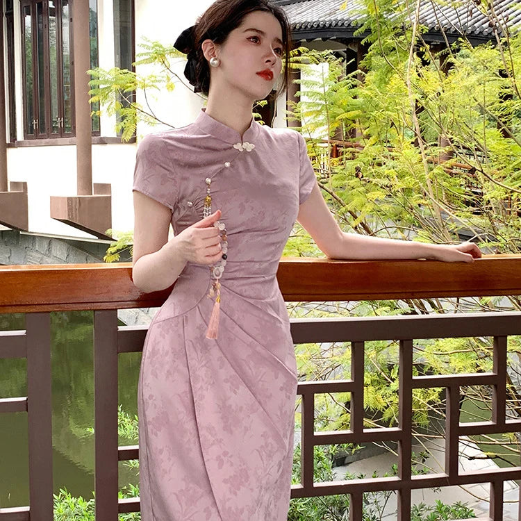 New Chinese Style Dress Sexy Purple Jacquard Qipao Women Elegant Qipao Improved Cheongsam Long Dress Wedding Gown Costumes