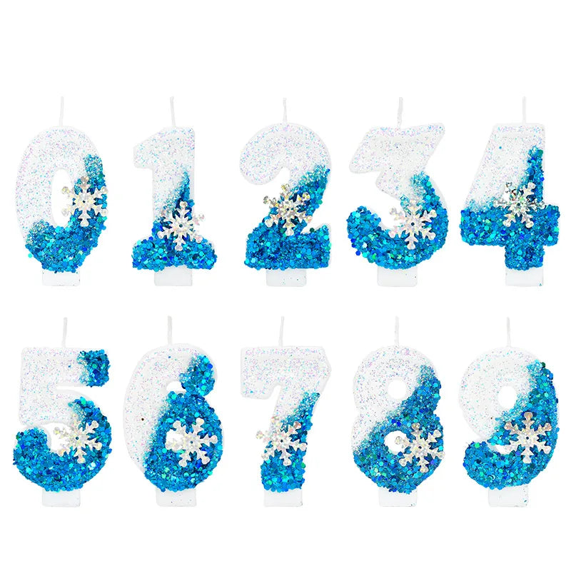 Frozen Birthday Candles 0-9 Number Glitter Blue Snowflake Cake Candle Kids Girls Birthday Party Cake Topper Decoration Supplies