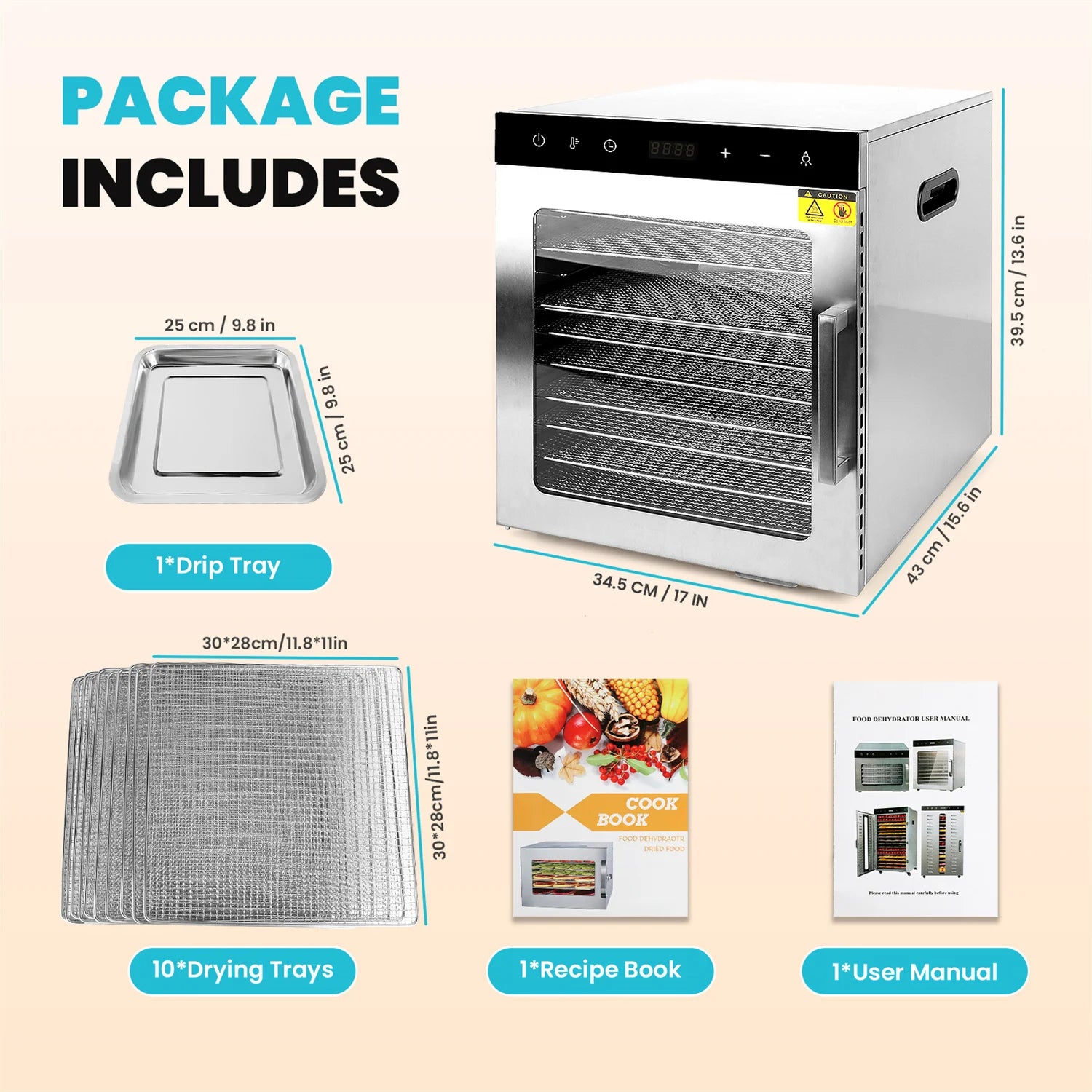 Food Dehydrator 800W Dehydrated Dryer 10 Stainless Steel Trays 24H Timer Temperature Control for Herbs, Meat, Fruit, and Yogurt