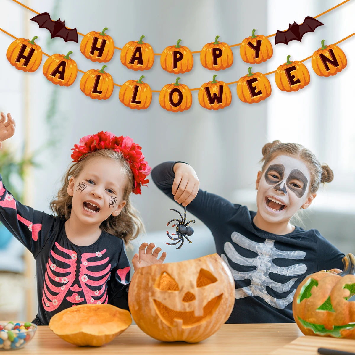 2024 Happy Halloween Banner Horror Pumpkin Witch Spider Skull Garland Flags For Halloween Home Haunted House hanging ornaments