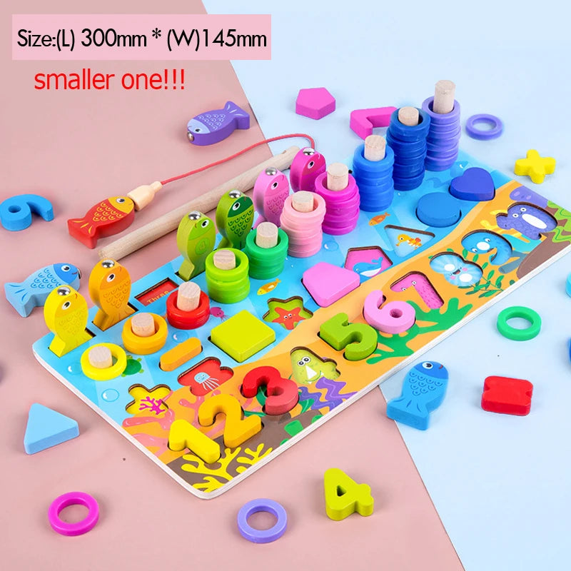 Wooden Number Puzzle Sorting Montessori Toys For Toddlers Shape Sorter Counting Fishing Game Educational Math Stacking Block