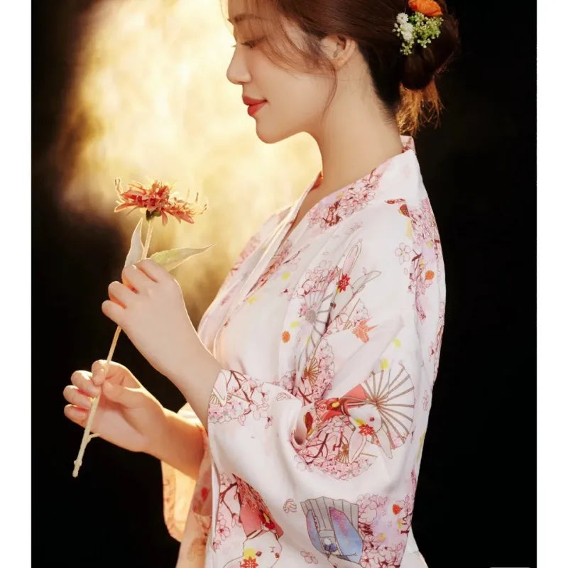 Women Yukata Kimono Formal Traditional Dress With White Obi Printed Bathrobes Dance Performance Photography Geisha Costume