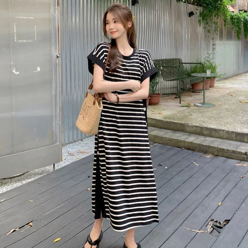 Fashion O-Neck Split Button Printed Striped Casual Dresses Female Clothing 2024 Summer New Loose Korean Short Sleeve Mini Dress