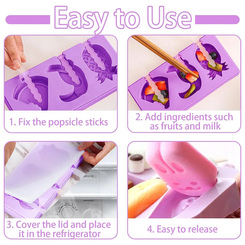 Animals Popsicles Molds with 50 pcs Wooden Popsicles Sticks Silicone Ice Pop Molds for Making Cake Pops Ice Cream - BPA Free