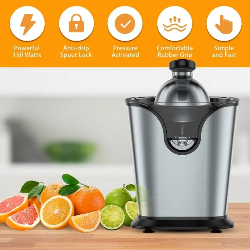 Electric Citrus Juicer Squeezer Stainless Steel 150 Watts of Power for Orange Lemon Lime Grapefruit Juice with Soft Rubber Grip