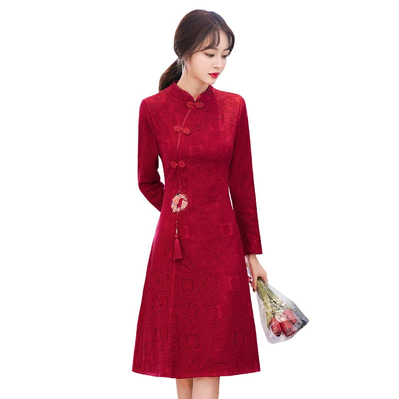 2022 Chinese Traditional Qipao Dress Women Clothing New Style Stand Collar Vintage Long Sleeve Cheongsam