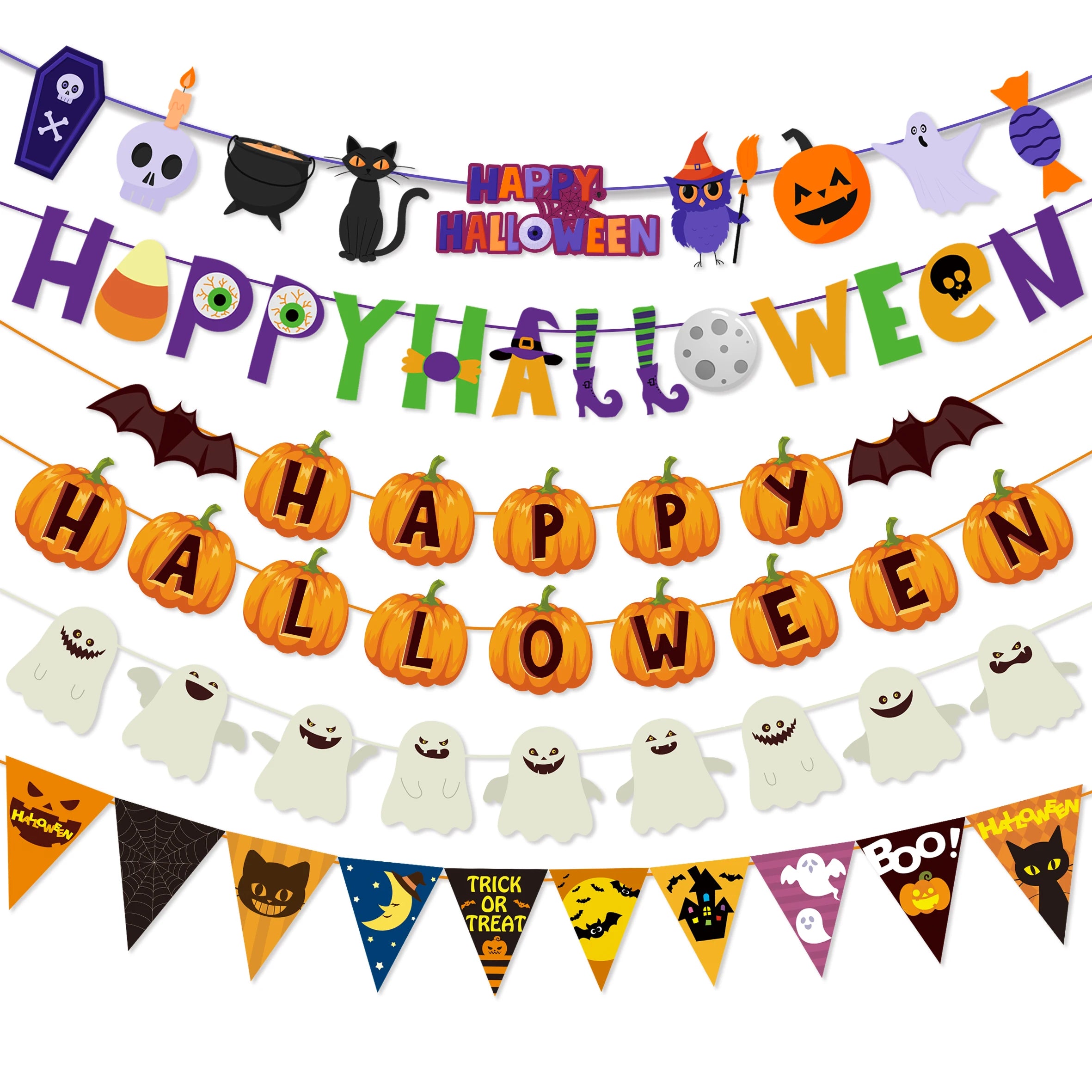 2024 Happy Halloween Banner Horror Pumpkin Witch Spider Skull Garland Flags For Halloween Home Haunted House hanging ornaments