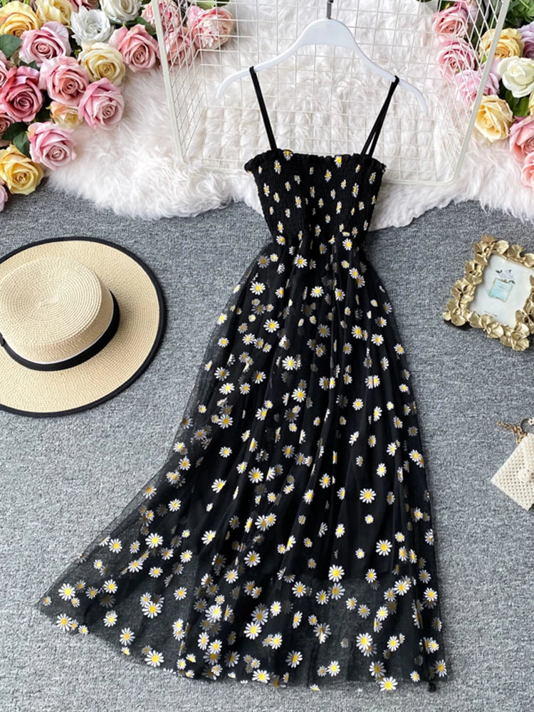 JMPRS Summer Beach Mesh Floral Dress Women Vintage Elegant Sexy Beach Sundress Woman Party Night Korean Kawaii Vestidos