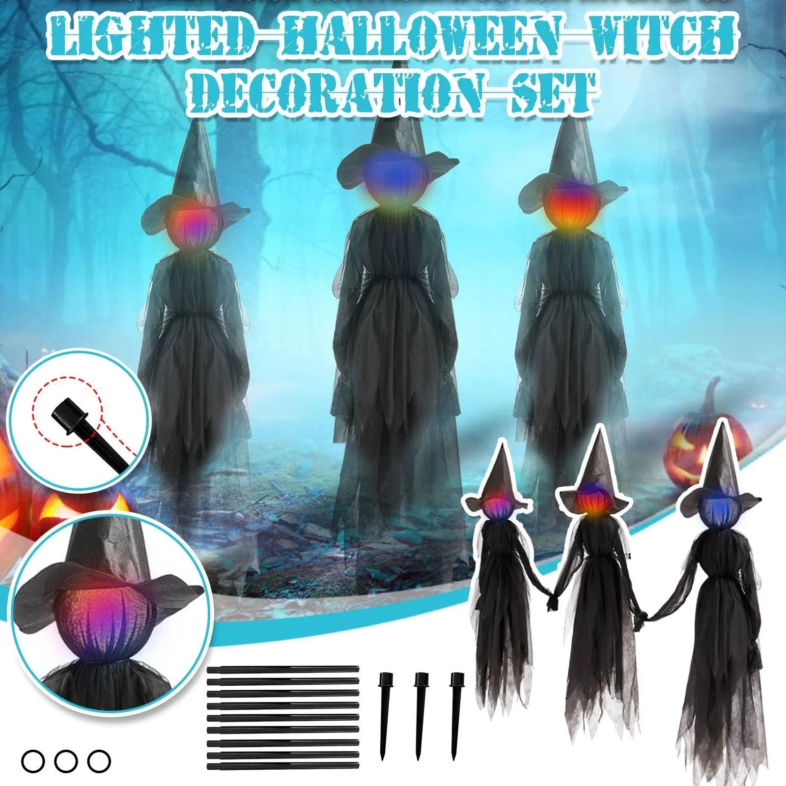 150cm Halloween Light-up Witches Voice Control Screaming Witches Scary Decoration Sound Activated Witches Holding Hands for Home
