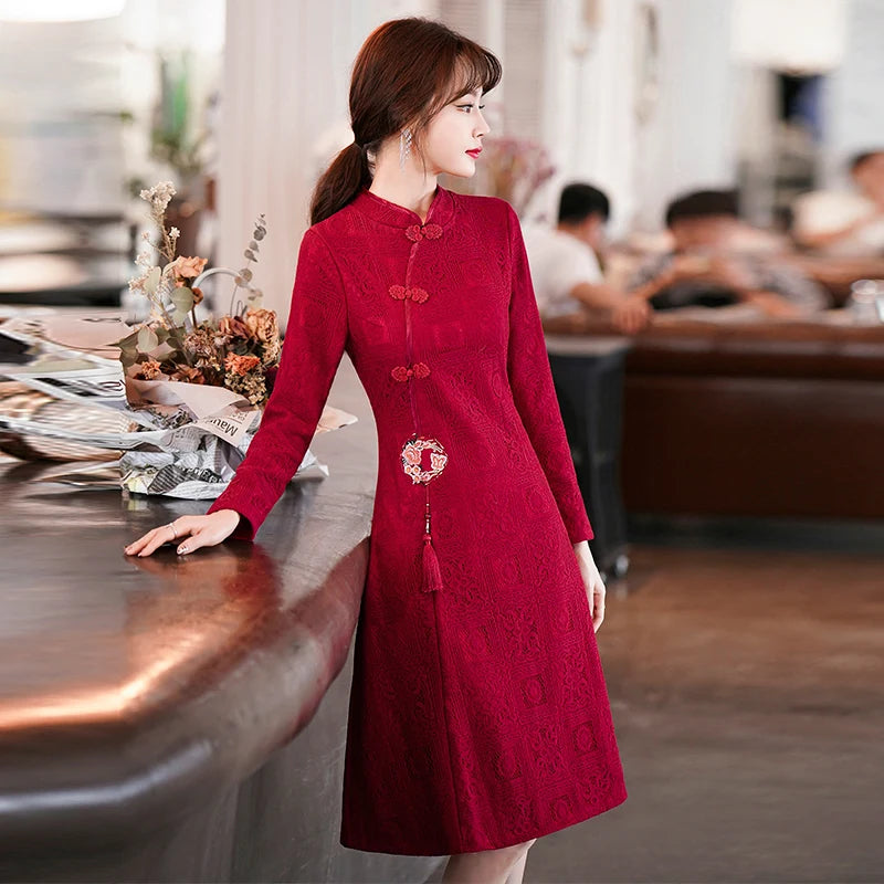 2022 Chinese Traditional Qipao Dress Women Clothing New Style Stand Collar Vintage Long Sleeve Cheongsam