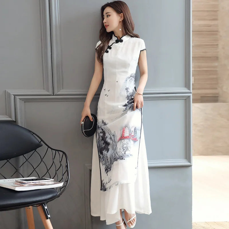 1pcs/lot Summer Elegant Slim Women Painting Cheongsam White Dress Qipao Chiffon Vintage Chinese Style Dress