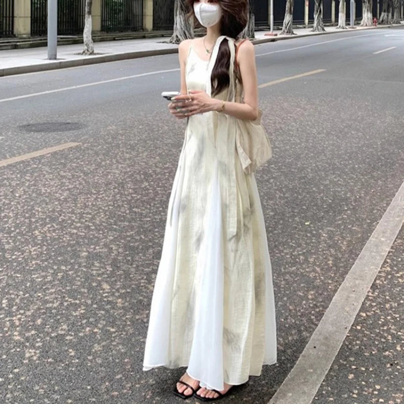 Vintage Women Camisole Dress Printing Streetwear Literary Summer A-line Vestidos Temper Artistic Chinese Style Chic Ulzzang new