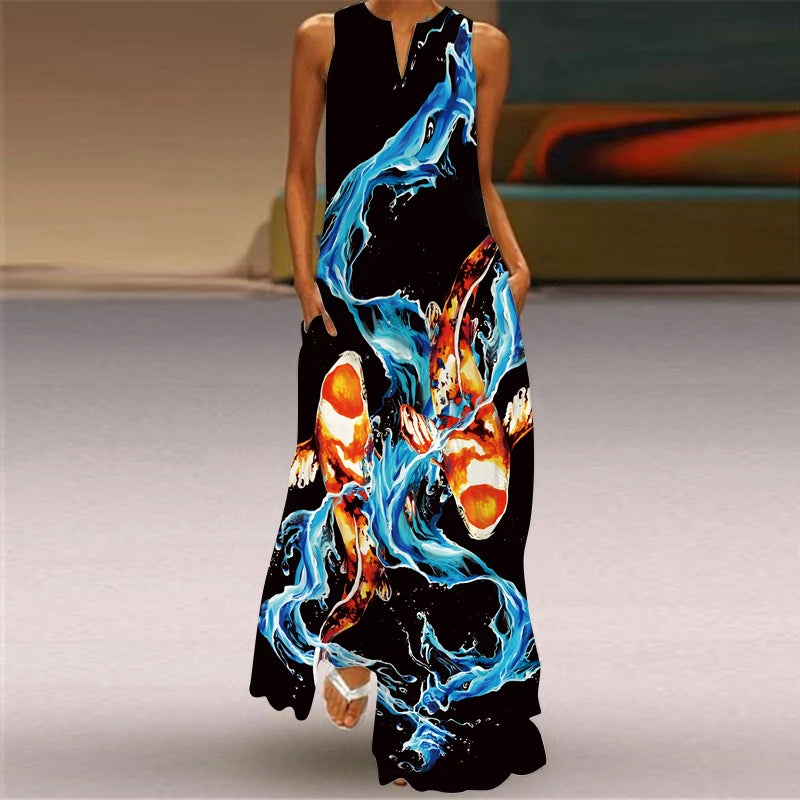 Summer Long Dress Women Sleeveless Loose V-neck Elegant Dresses Party 2024 New Ink Painting 3D Print Vintage Chinese Style Dress