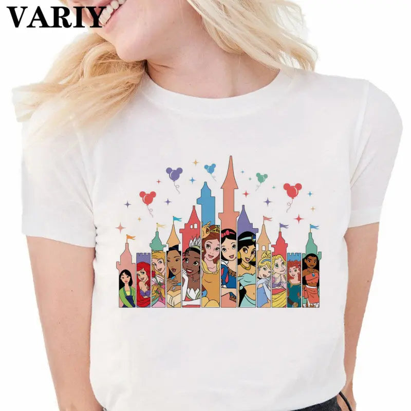 Princess Castle Balloons Shirt Women Funny T Shirt Ariel Belle Rapunzel Mermaid Graphic Ulzzang T-Shirt 90S Aesthetic Tee Female