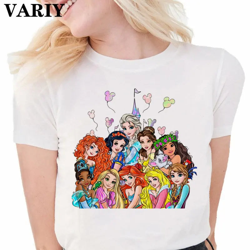 Princess Castle Balloons Shirt Women Funny T Shirt Ariel Belle Rapunzel Mermaid Graphic Ulzzang T-Shirt 90S Aesthetic Tee Female