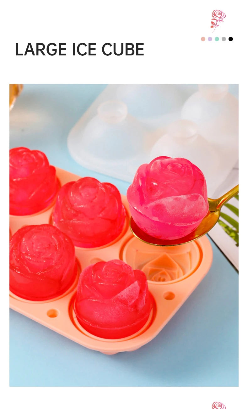 Ice Cube Maker 3D Rose Ice Molds 2.5 Inch, Large Cube Trays, Make 4/6 Giant Cute Flower Shape ,  Ice Pop Mold Silicone