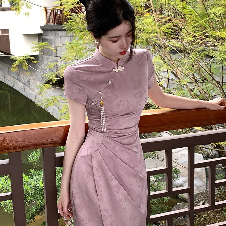 New Chinese Style Dress Sexy Purple Jacquard Qipao Women Elegant Qipao Improved Cheongsam Long Dress Wedding Gown Costumes