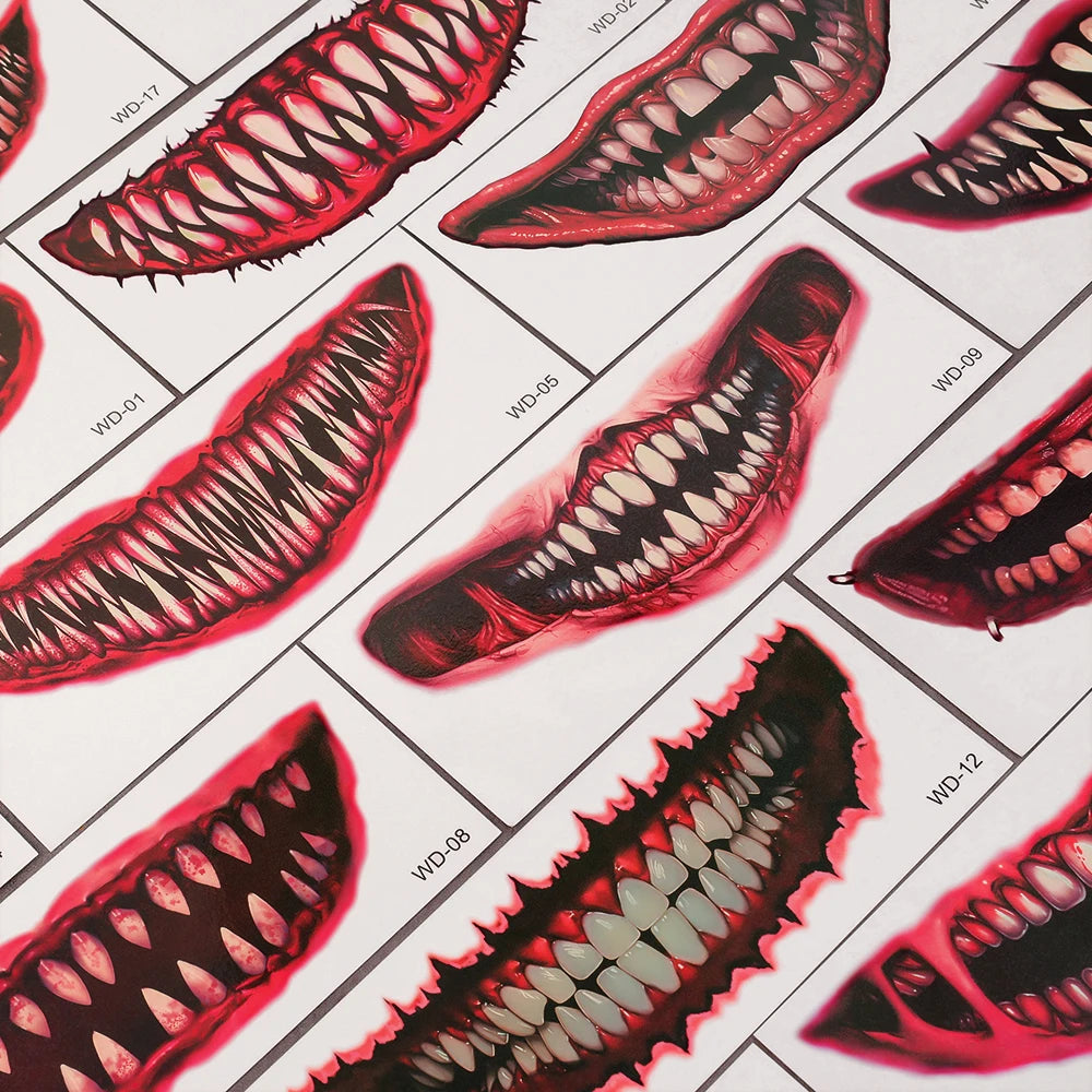 50pcs New Halloween Horror Big Mouth Face Tattoo Funny Diy Stickers Party Scary Temporary Tattoo Waterproof Tattoo for Men Women