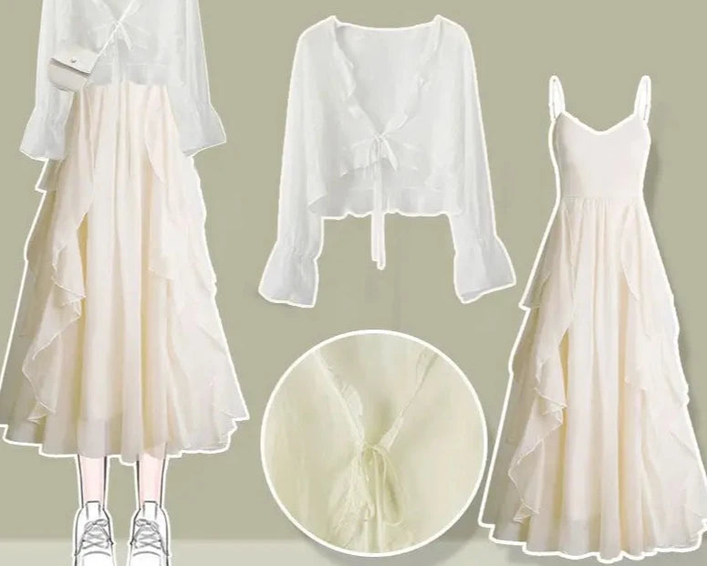 2 Pieces Sets Women Crop Tops Slim T-shirts + Strap Dress Set Korean Style New Fashion Summer Y2k Sexy Sweet