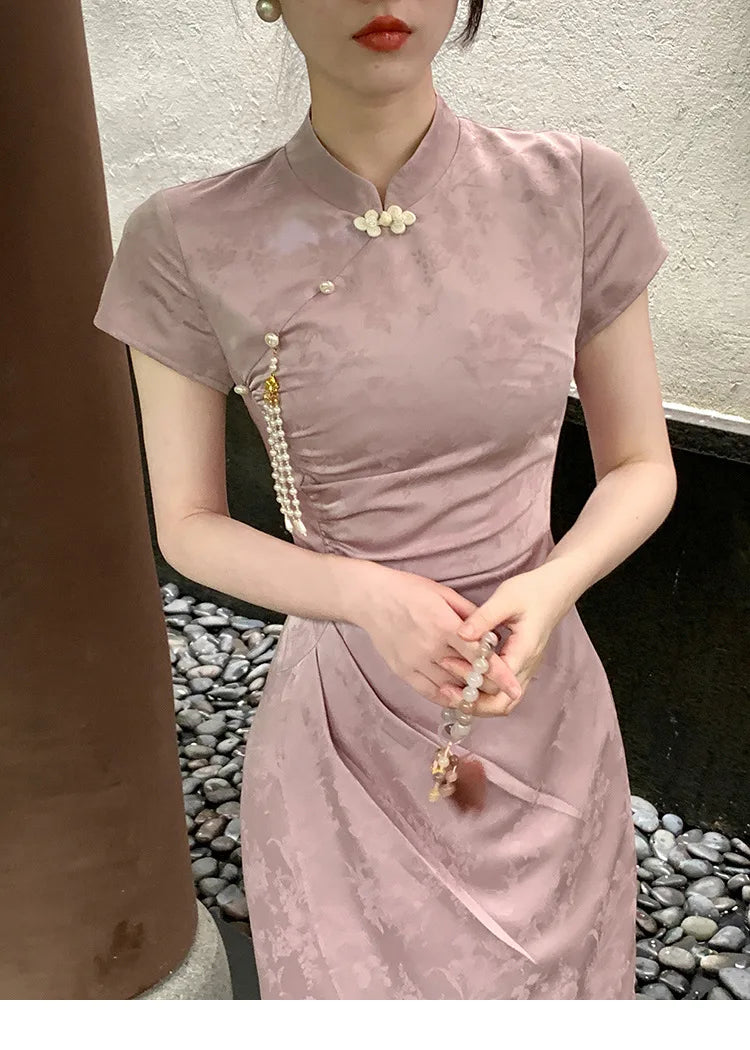 New Chinese Style Dress Sexy Purple Jacquard Qipao Women Elegant Qipao Improved Cheongsam Long Dress Wedding Gown Costumes