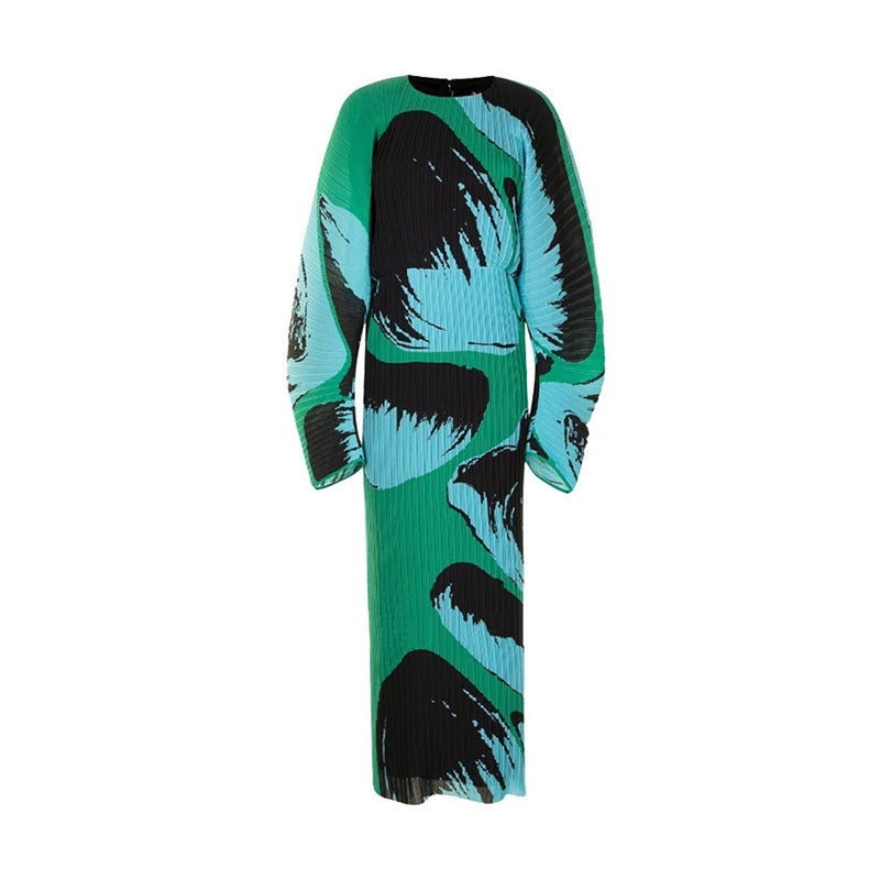 Oversized Long Sleeve Crinkled Print Dress