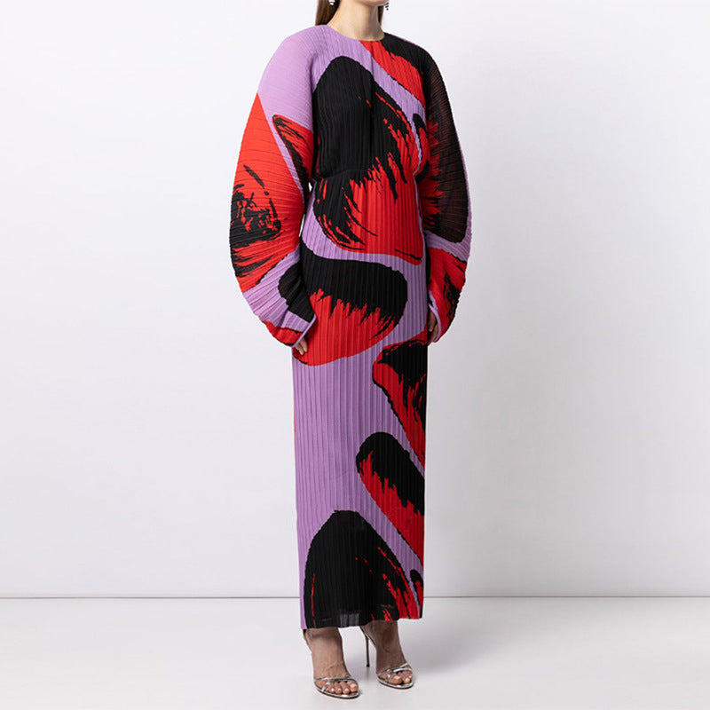 Oversized Long Sleeve Crinkled Print Dress