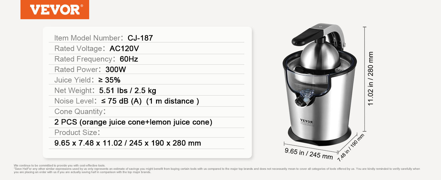 VEVOR Electric Citrus Juicer Orange Juice Squeezer with Two Size Juicing Cones 300W Stainless Steel Orange Juice Maker