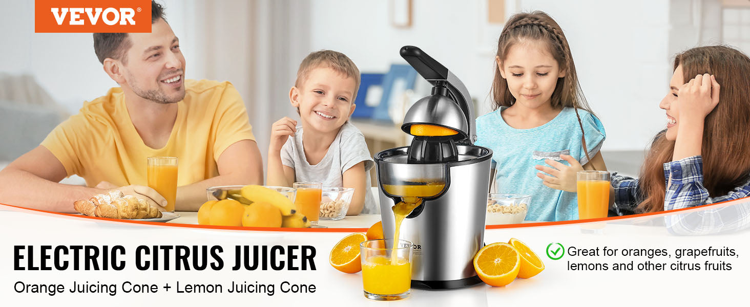 VEVOR Electric Citrus Juicer Orange Juice Squeezer with Two Size Juicing Cones 300W Stainless Steel Orange Juice Maker