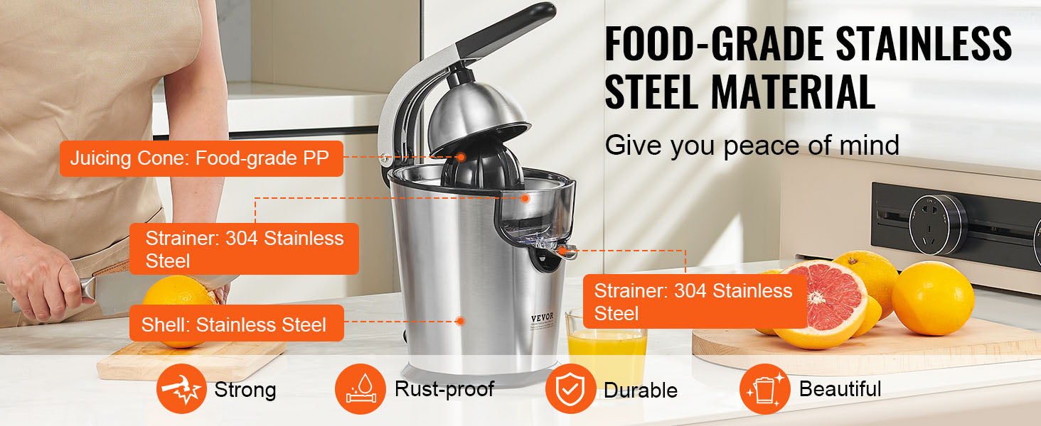 VEVOR Electric Citrus Juicer Orange Juice Squeezer with Two Size Juicing Cones 300W Stainless Steel Orange Juice Maker